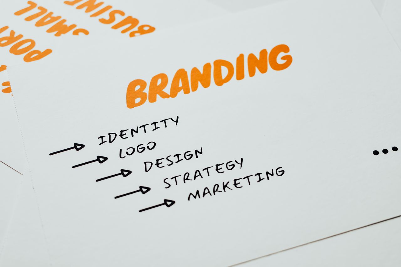 services-01 Close-up of a paper with branding, identity, design, strategy, and marketing concepts in orange and black.